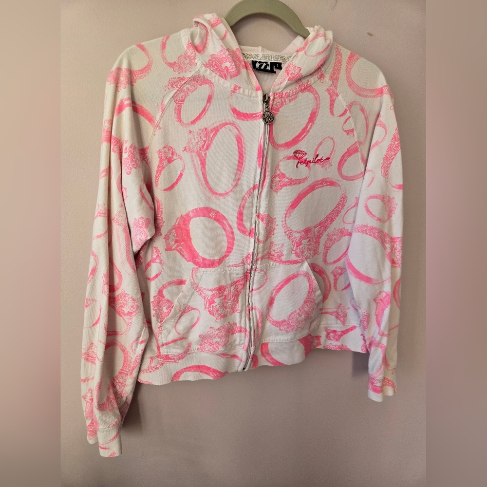 Vtg Y2K Jetpilot Pink Diamond Ring All-Over Print Zip-Up Hoodie - Size L